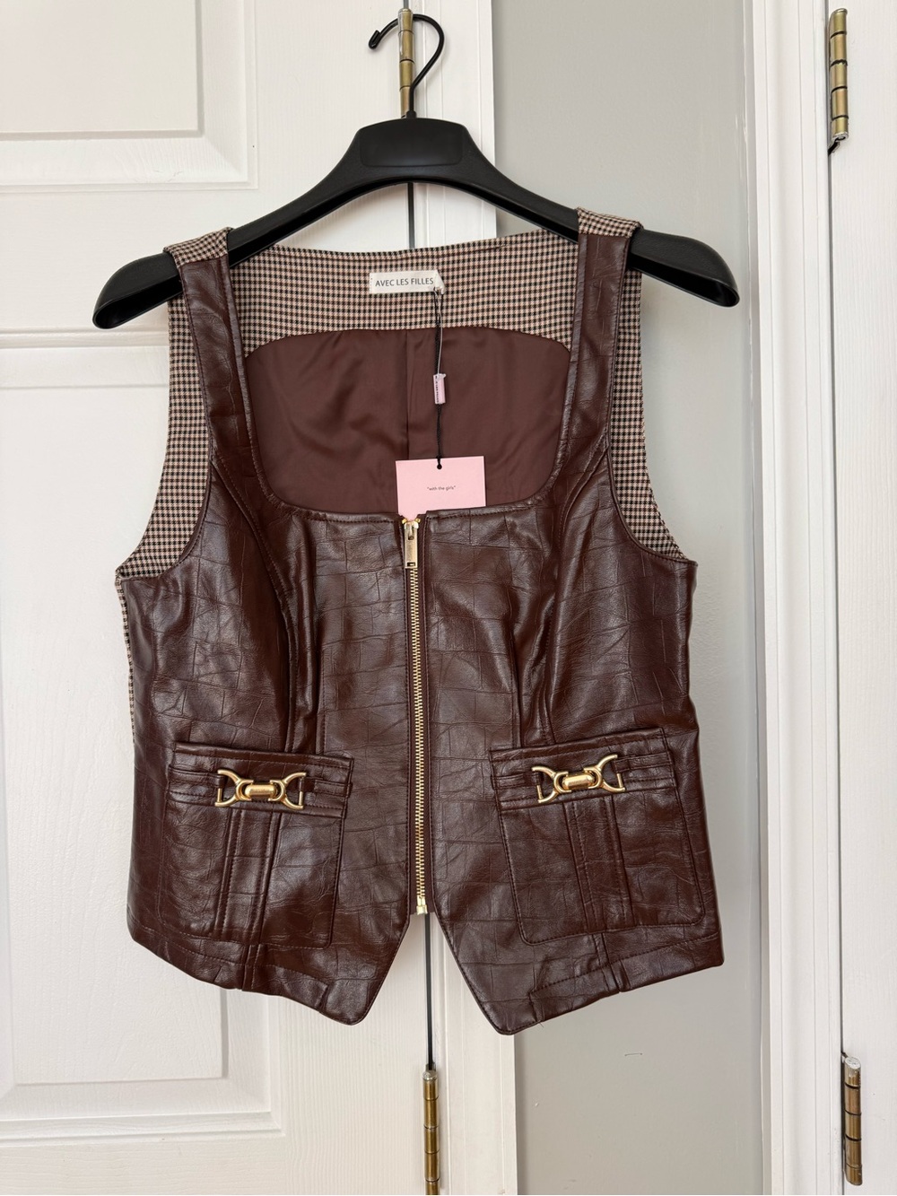 Avec Les Filles Equestrian Detail Zip-Front Vest Houndstooth Leather-Look Vest